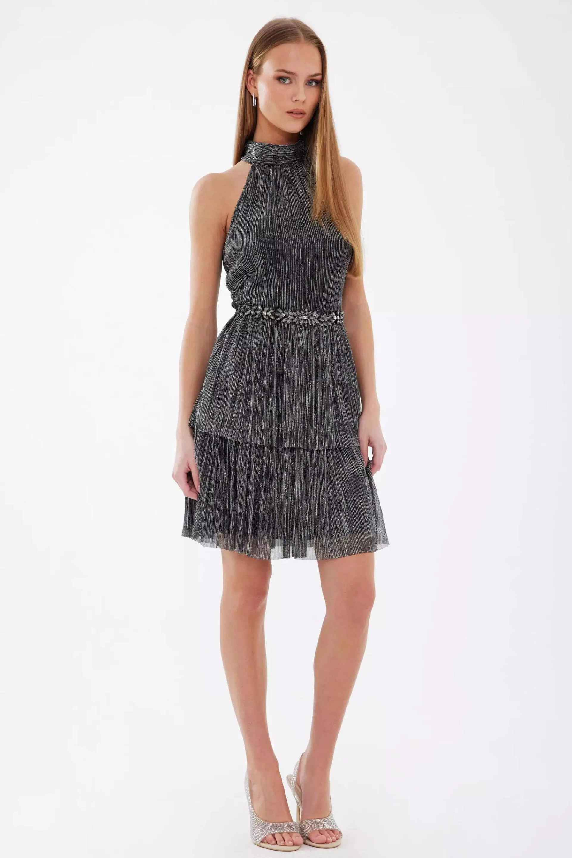 Moonlight Metallic Sleeveless Mini Dress - Silver
