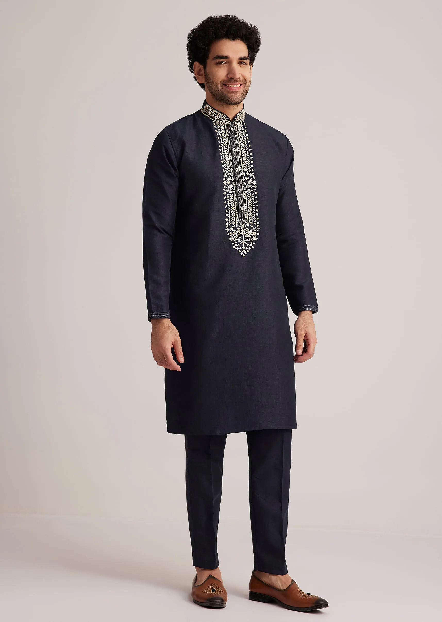 Navy Blue Embroidered Sherwani Kurta Set