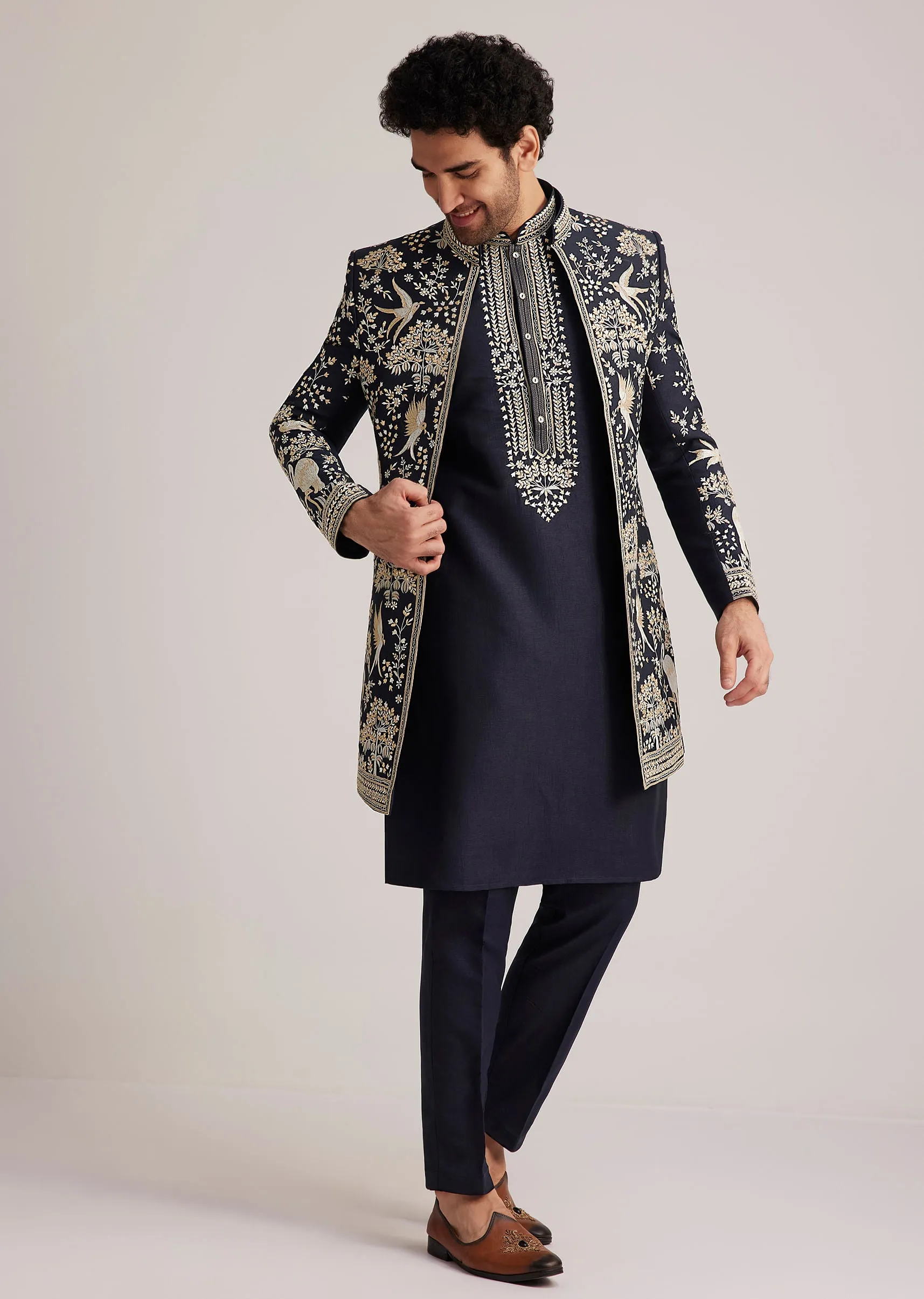 Navy Blue Embroidered Sherwani Kurta Set