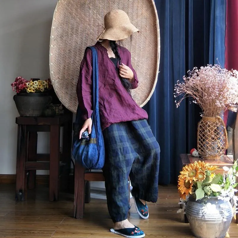 Plaid V-Neck Linen  Shirt | Hippie