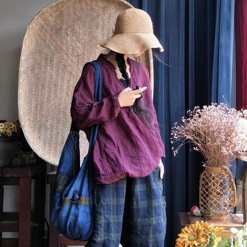 Plaid V-Neck Linen  Shirt | Hippie