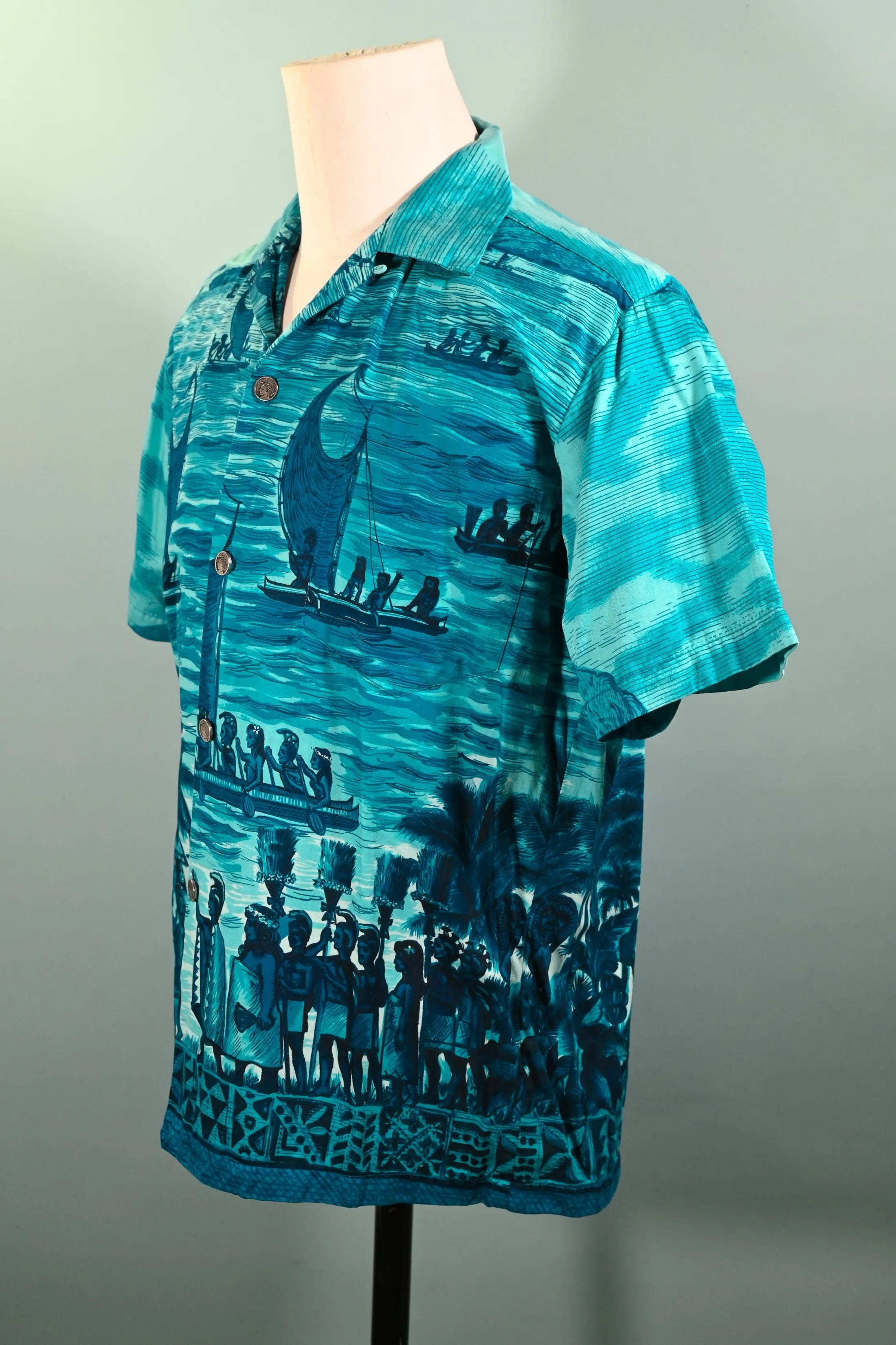 Polynesian Bazaar Vintage 60s Hawaiian Shirt, Polynesian Settlers Aloha Shirt M