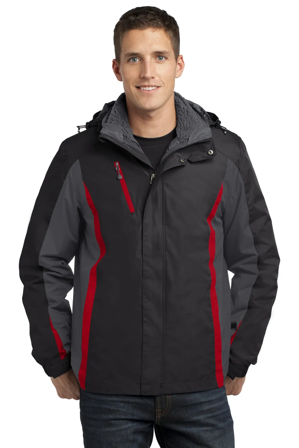 Port Authority Mens 3-in-1 Wind & Water Resistant Full Zip Hooded Jacket - Black/Magnet Grey/Signal Red