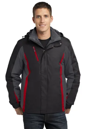 Port Authority Mens 3-in-1 Wind & Water Resistant Full Zip Hooded Jacket - Black/Magnet Grey/Signal Red