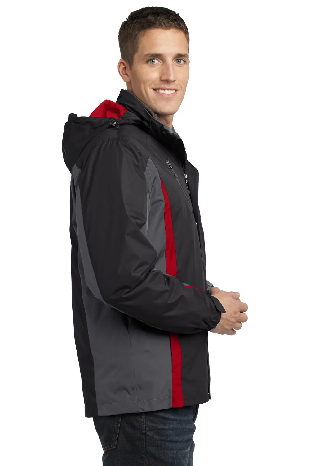 Port Authority Mens 3-in-1 Wind & Water Resistant Full Zip Hooded Jacket - Black/Magnet Grey/Signal Red
