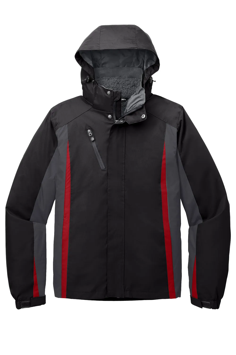 Port Authority Mens 3-in-1 Wind & Water Resistant Full Zip Hooded Jacket - Black/Magnet Grey/Signal Red