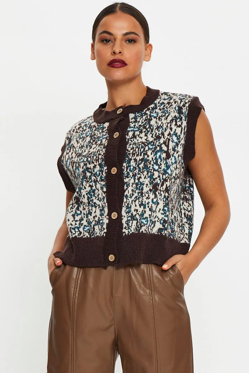Print Button Front Knit Vest