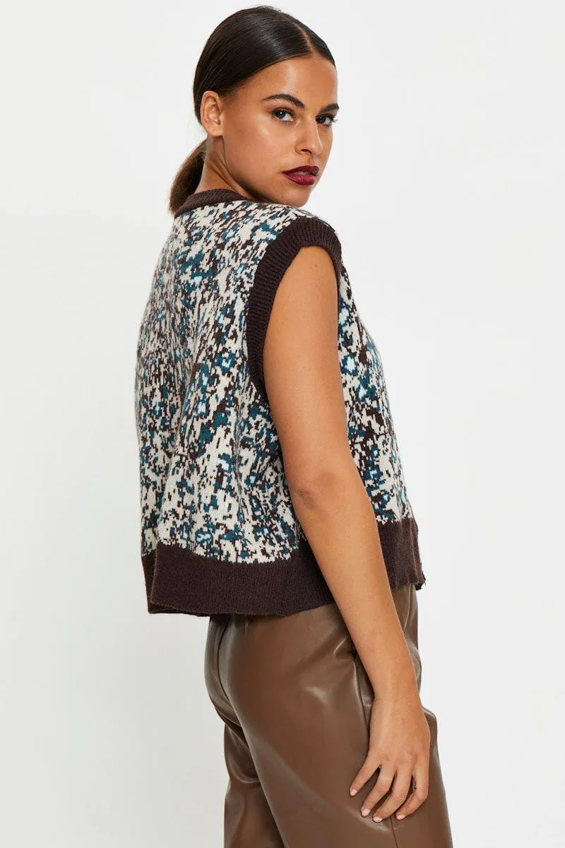 Print Button Front Knit Vest