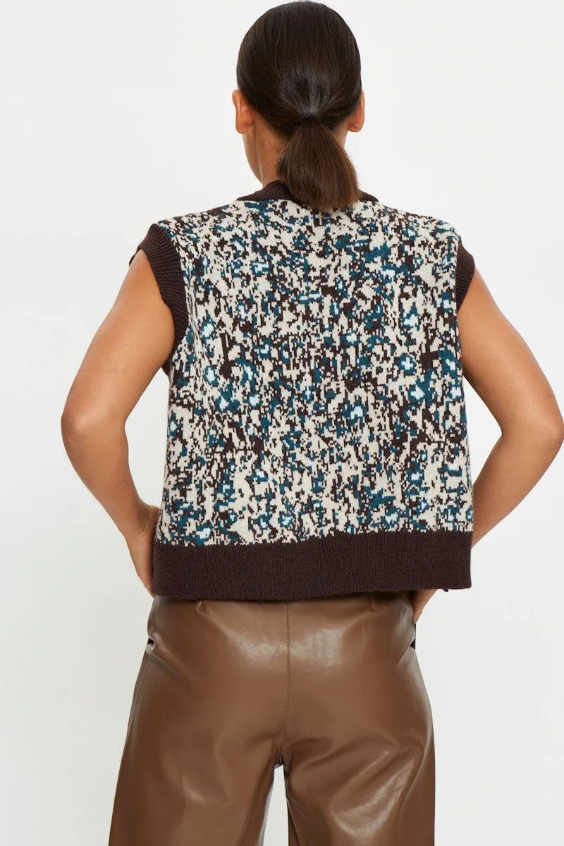 Print Button Front Knit Vest