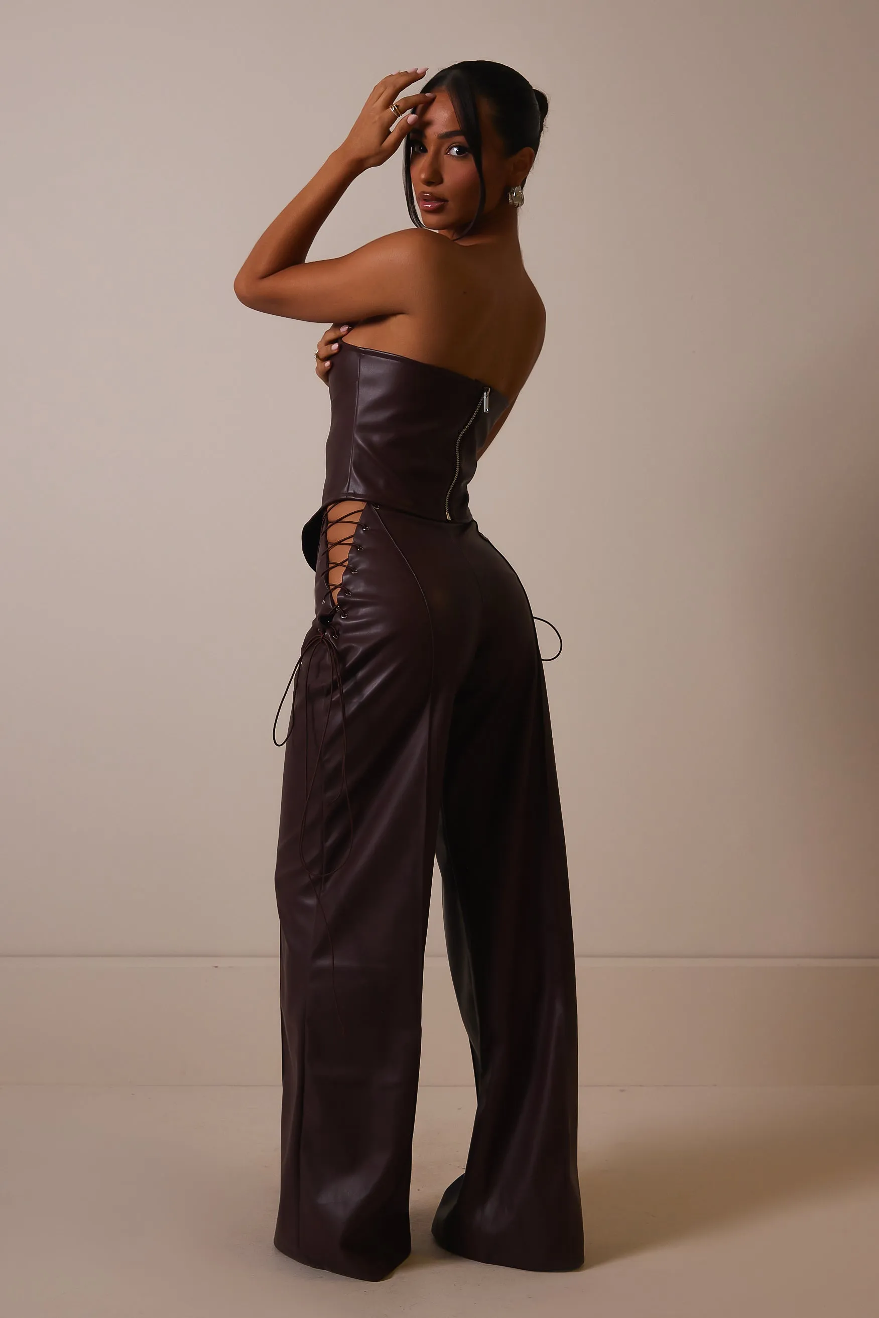 The Leather lace panel trousers- Deep purple
