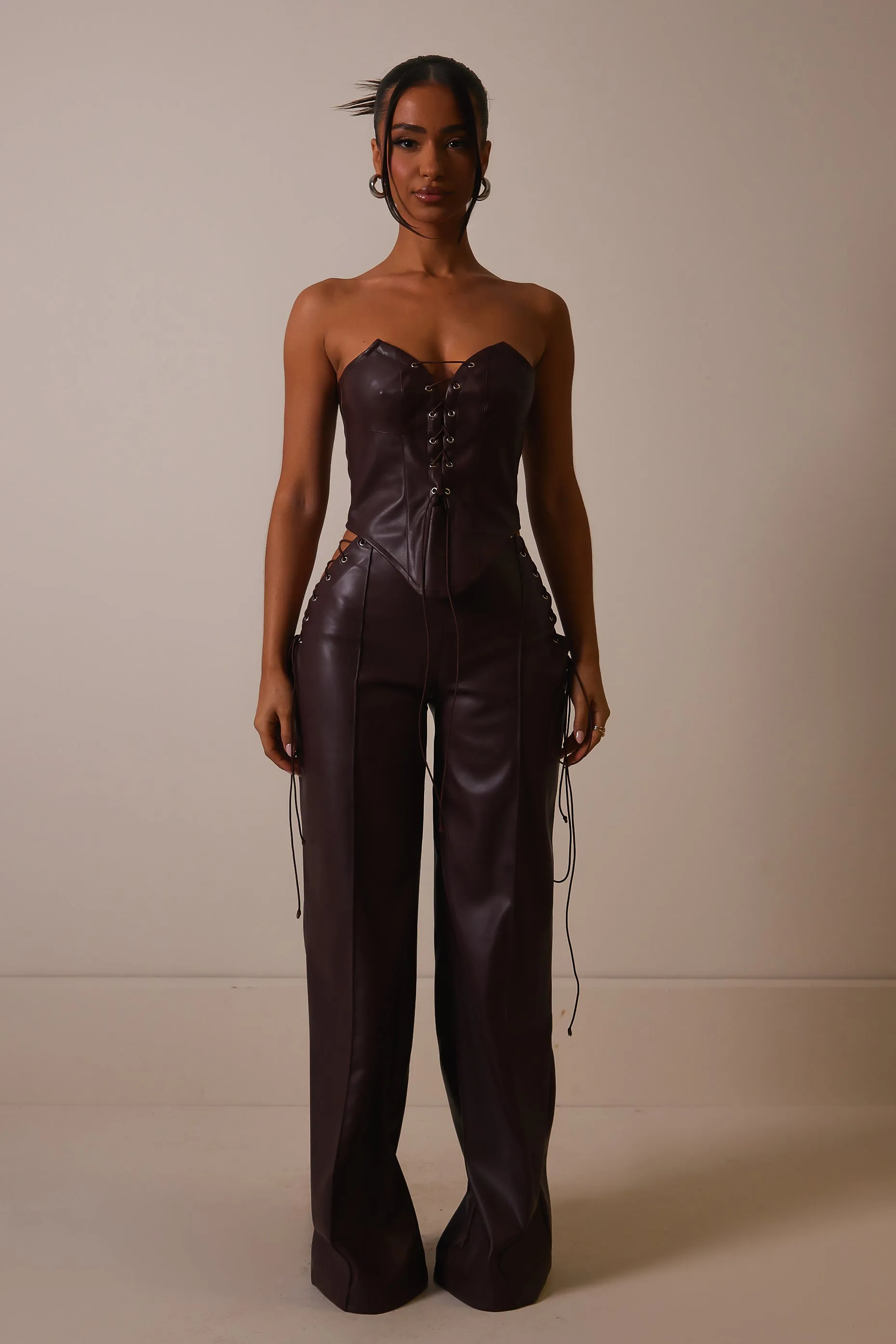 The Leather lace panel trousers- Deep purple