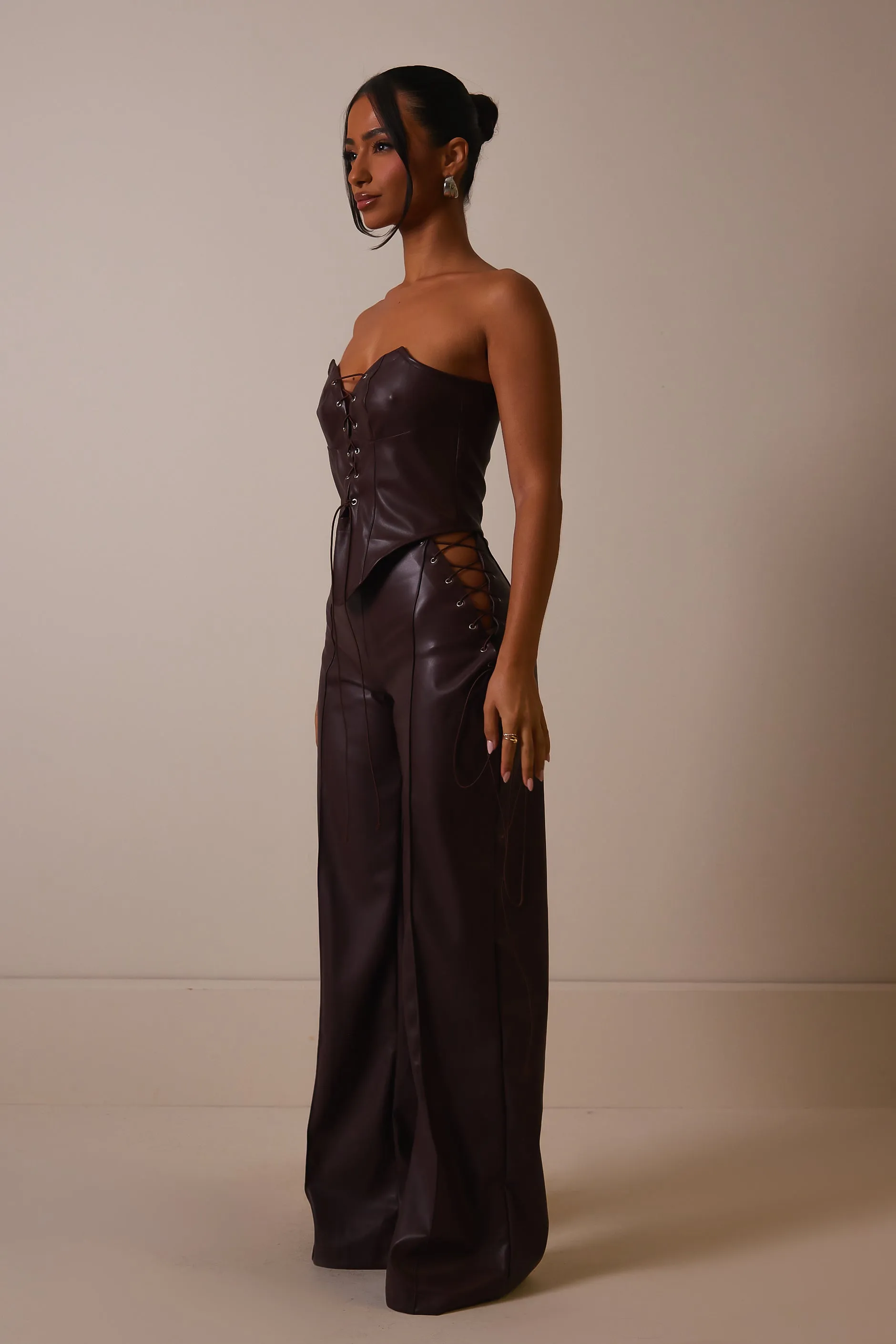 The Leather lace panel trousers- Deep purple