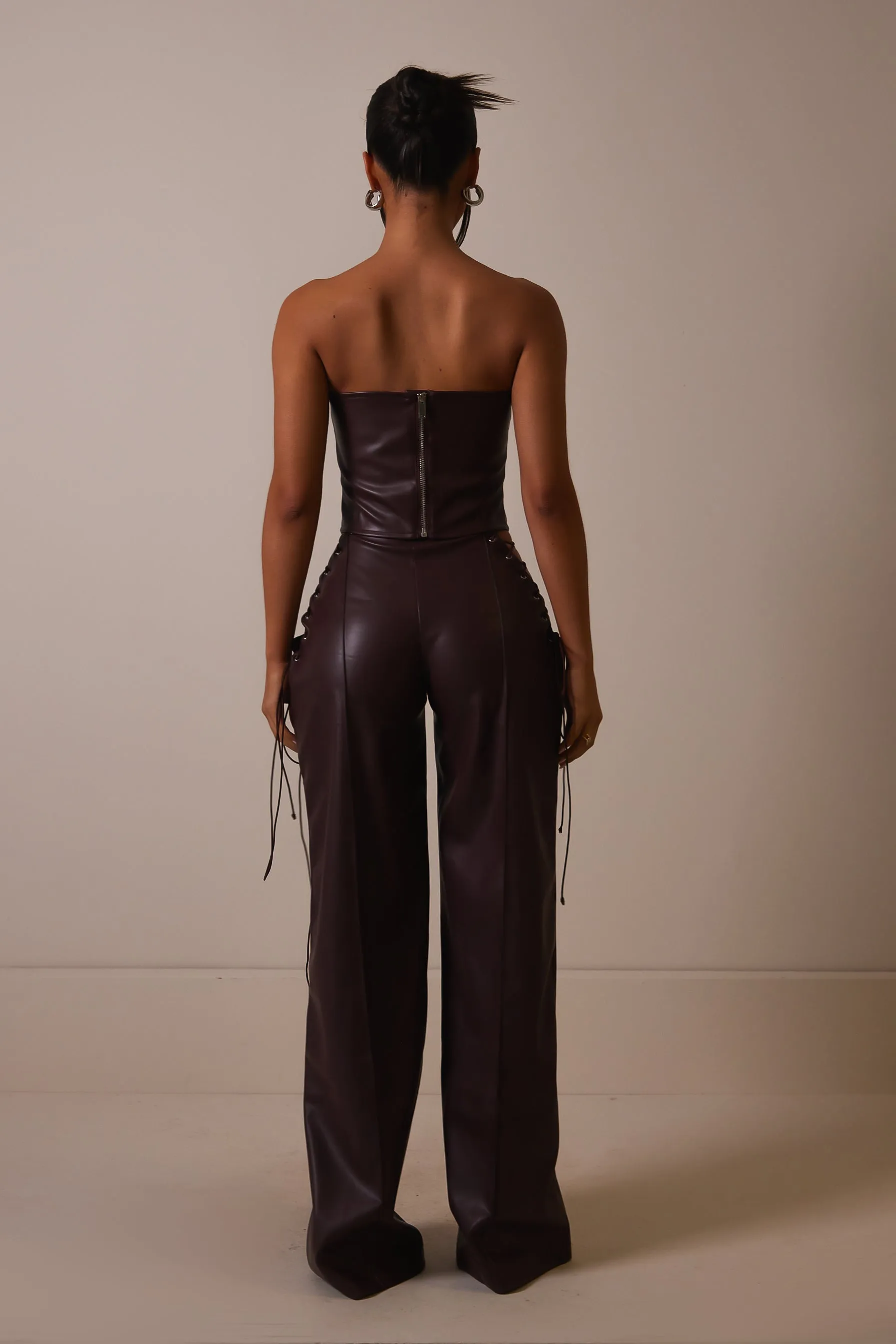 The Leather lace panel trousers- Deep purple