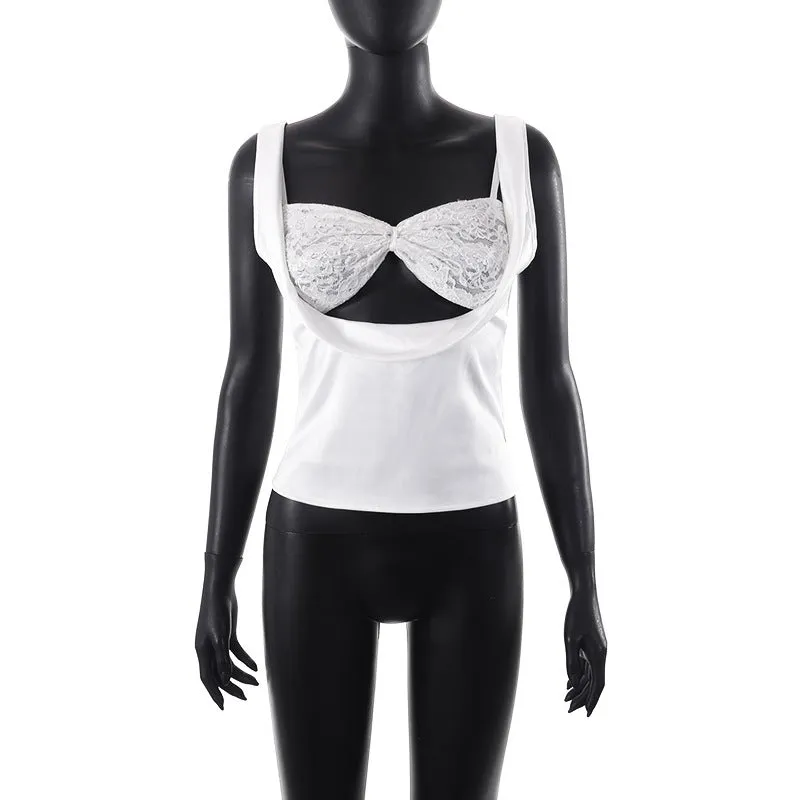 Toleet birthday outfit Style Women's Clothing Spring New Satin Sleeveless Lace Bra Short Two-Piece Top
