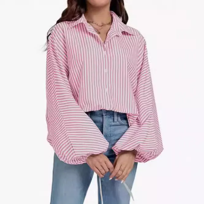 Toleet fall outfits women Fall 2024 Women's Striped Bishop Long Sleeve Collar V-neck Button-down Shirt Loose