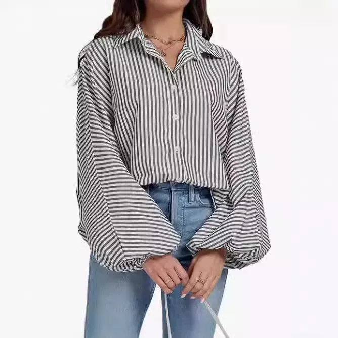 Toleet fall outfits women Fall 2024 Women's Striped Bishop Long Sleeve Collar V-neck Button-down Shirt Loose