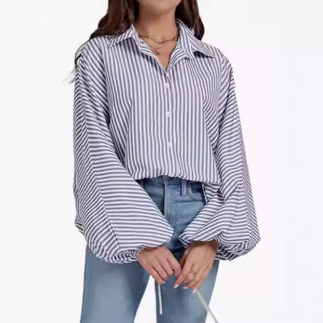Toleet fall outfits women Fall 2024 Women's Striped Bishop Long Sleeve Collar V-neck Button-down Shirt Loose