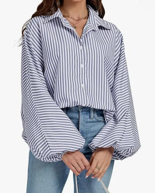 Toleet fall outfits women Fall 2024 Women's Striped Bishop Long Sleeve Collar V-neck Button-down Shirt Loose