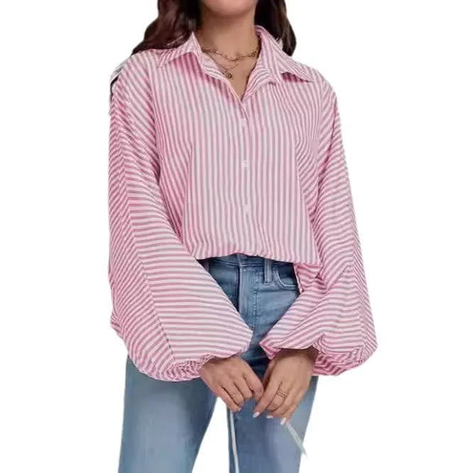 Toleet fall outfits women Fall 2024 Women's Striped Bishop Long Sleeve Collar V-neck Button-down Shirt Loose