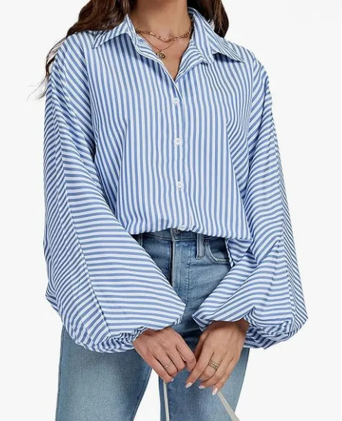 Toleet fall outfits women Fall 2024 Women's Striped Bishop Long Sleeve Collar V-neck Button-down Shirt Loose