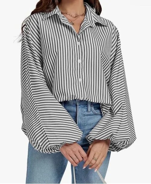 Toleet fall outfits women Fall 2024 Women's Striped Bishop Long Sleeve Collar V-neck Button-down Shirt Loose