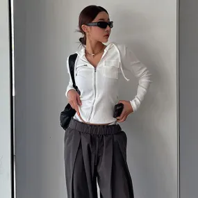 Toleet y2k outfits Street Simple Casual Niche Solid Color Pocket Hooded T-shirt Slim Zipper Thread Slimming Cardigan Top