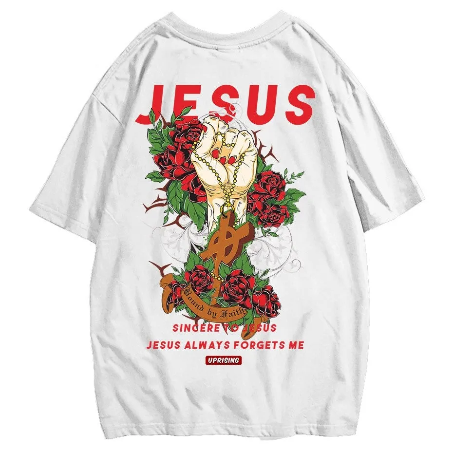 Tshirts Men Hipster Summer Tops Tees Funny Jesus Aliens UFO Print Short Sleeve T Shirts Hip Hop Casual Streetwear