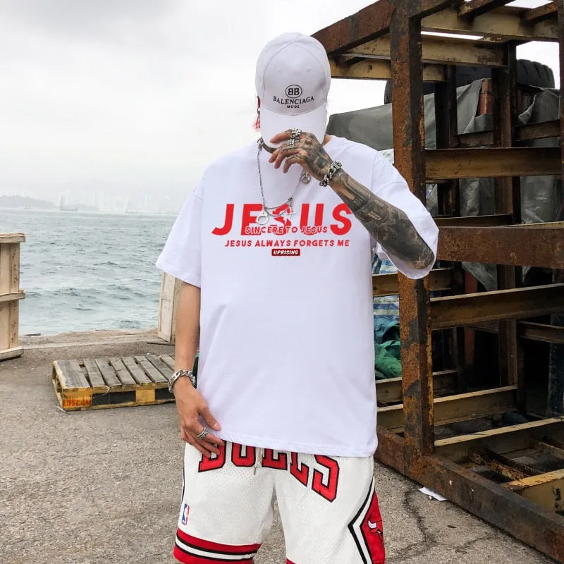 Tshirts Men Hipster Summer Tops Tees Funny Jesus Aliens UFO Print Short Sleeve T Shirts Hip Hop Casual Streetwear