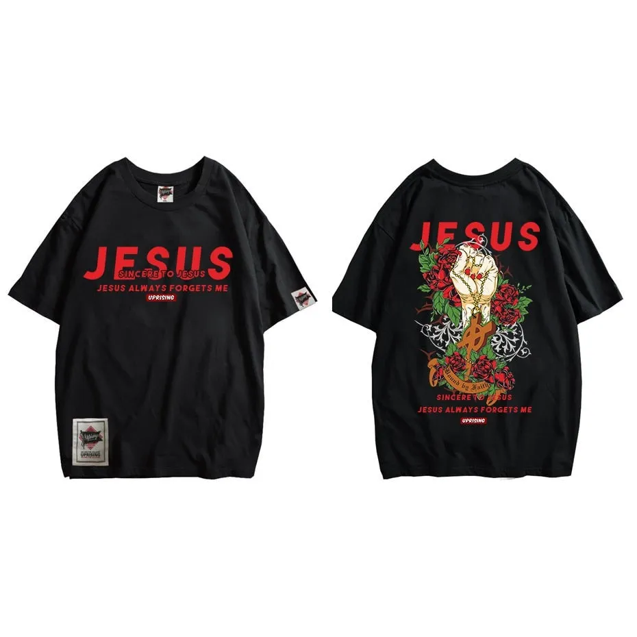 Tshirts Men Hipster Summer Tops Tees Funny Jesus Aliens UFO Print Short Sleeve T Shirts Hip Hop Casual Streetwear