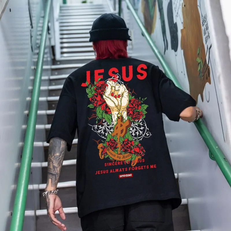 Tshirts Men Hipster Summer Tops Tees Funny Jesus Aliens UFO Print Short Sleeve T Shirts Hip Hop Casual Streetwear