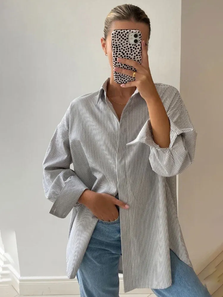 Uniwim Autumn New Blue Striped Shirt Top Simple Advanced Sense Street Long Sleeve Cardigan