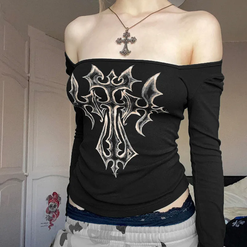 Uniwim barn jacket outfits Hot Girl Retro Cross Printed Square Collar Long-Sleeved T-shirt Women's New Contrast Color Slim Slimming Bottoming Top