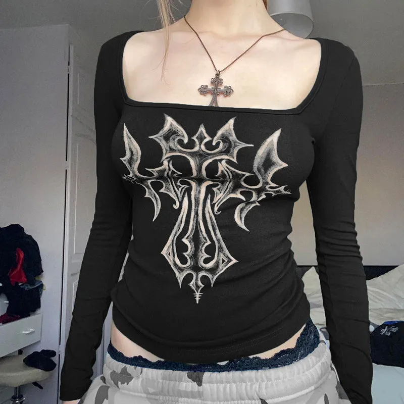 Uniwim barn jacket outfits Hot Girl Retro Cross Printed Square Collar Long-Sleeved T-shirt Women's New Contrast Color Slim Slimming Bottoming Top