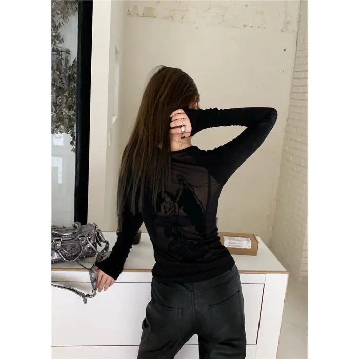 Uniwim barn jacket outfits Spring and Autumn Women's Clothing New Y2g Hot Girl Sexy American Retro Style Mesh Angel Printed Long-Sleeved T-shirt Top