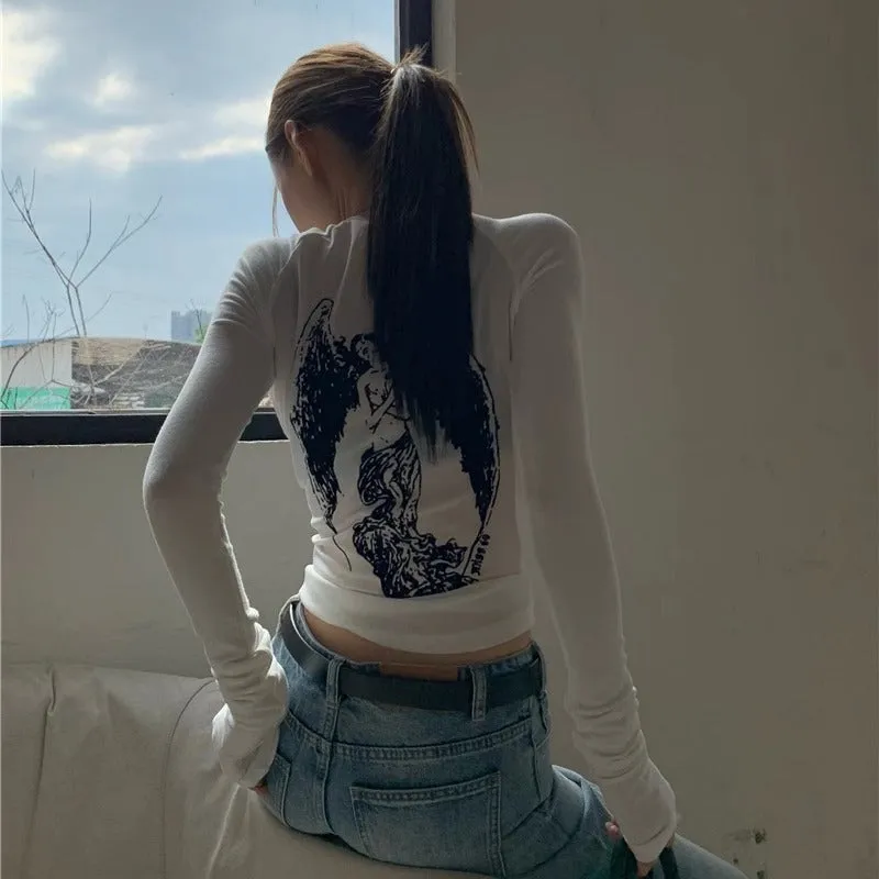 Uniwim barn jacket outfits Spring and Autumn Women's Clothing New Y2g Hot Girl Sexy American Retro Style Mesh Angel Printed Long-Sleeved T-shirt Top