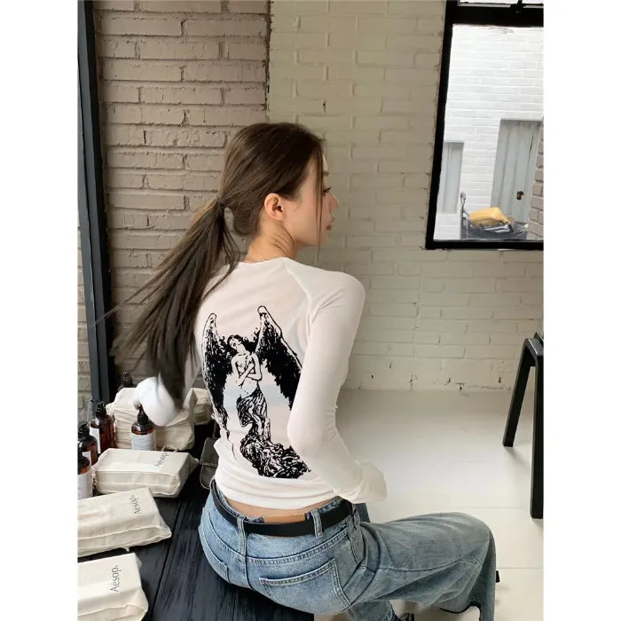 Uniwim barn jacket outfits Spring and Autumn Women's Clothing New Y2g Hot Girl Sexy American Retro Style Mesh Angel Printed Long-Sleeved T-shirt Top