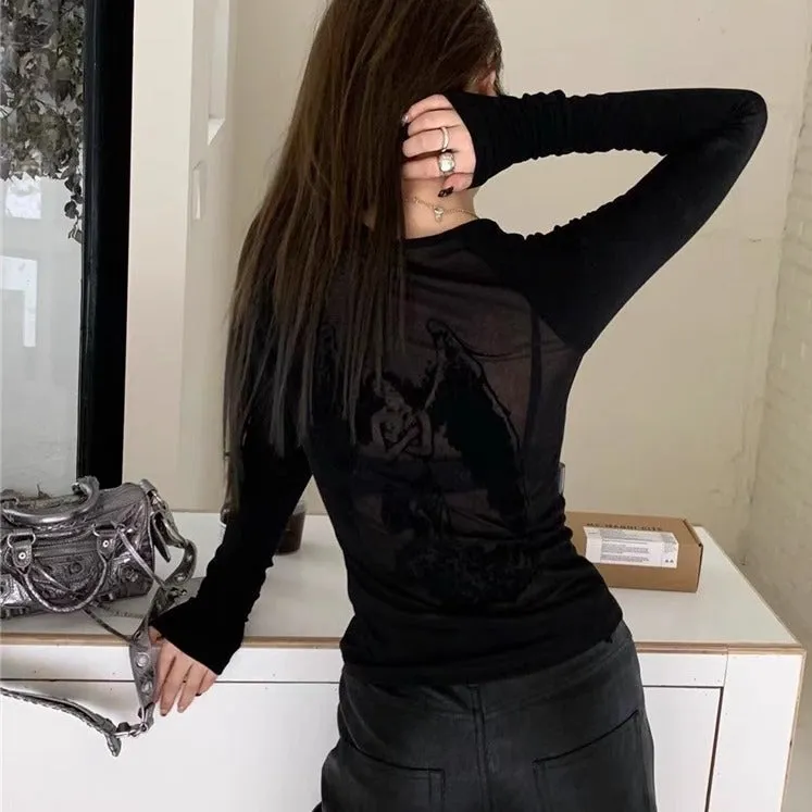 Uniwim barn jacket outfits Spring and Autumn Women's Clothing New Y2g Hot Girl Sexy American Retro Style Mesh Angel Printed Long-Sleeved T-shirt Top