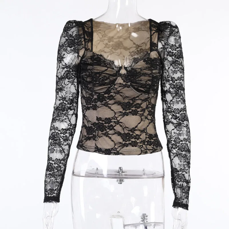 Uniwim Chest Cup Lace Long-Sleeved Top Women's Spring Fashionable Sexy Black Waist-Tight V-neck Shirt