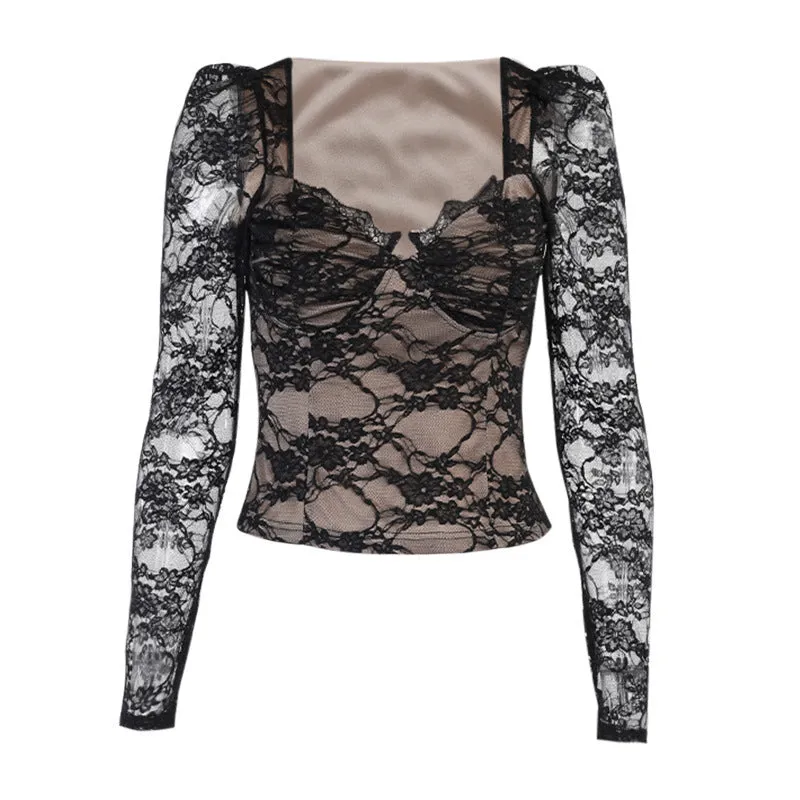 Uniwim Chest Cup Lace Long-Sleeved Top Women's Spring Fashionable Sexy Black Waist-Tight V-neck Shirt
