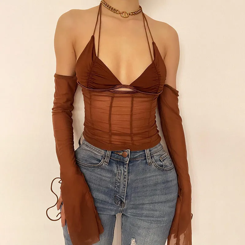 Uniwim frat outfits Hot Sexy Halter Lace-up Backless Mesh Stitching Vest Spring Solid Color Top