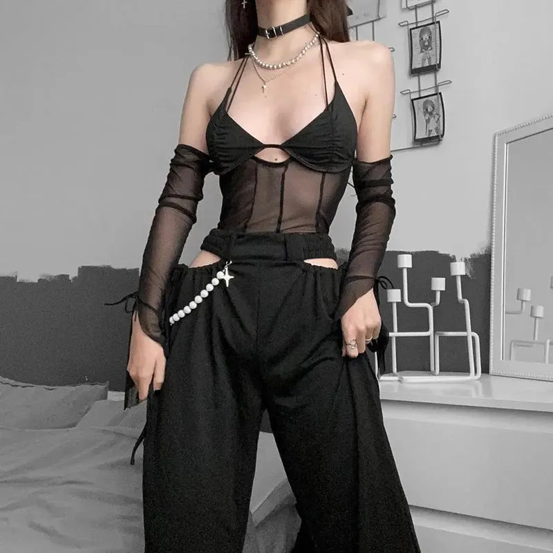 Uniwim frat outfits Hot Sexy Halter Lace-up Backless Mesh Stitching Vest Spring Solid Color Top