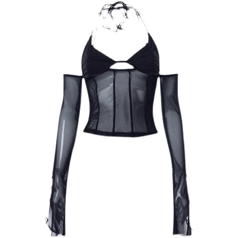 Uniwim frat outfits Hot Sexy Halter Lace-up Backless Mesh Stitching Vest Spring Solid Color Top