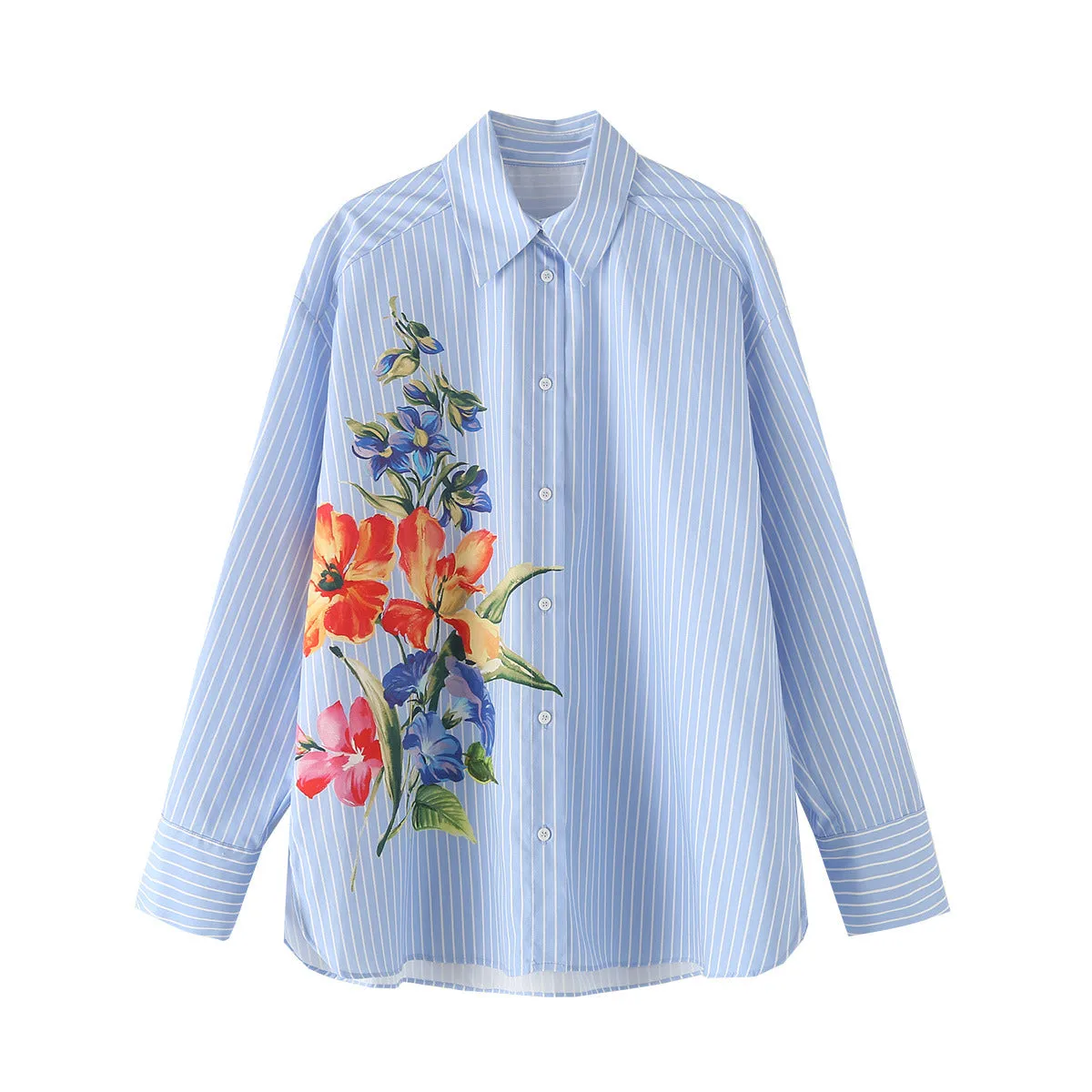 Uniwim outfit inspo 24482 Women's Clothing 2024 Autumn New Cotton Striped Flower Fashion Long Sleeve Lapel Shirt
