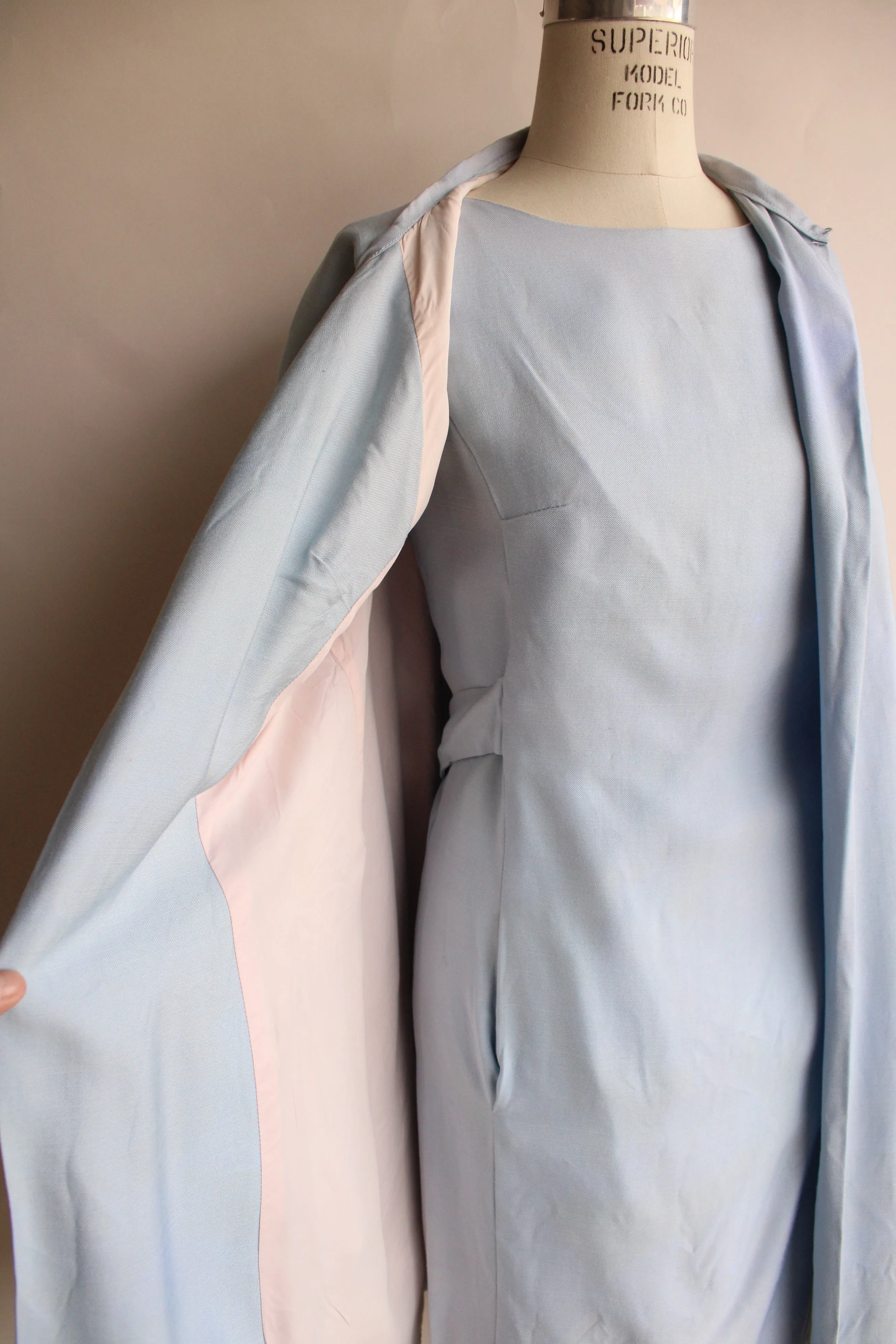 Vintage 1960s Emma Domb Pale Blue Dress with  Matching Jacket and Bow Belt