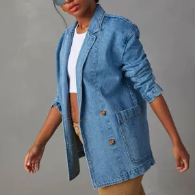 Vintage Blue Denim Jacket Turn-down Collar Solid Color Jackets Coat