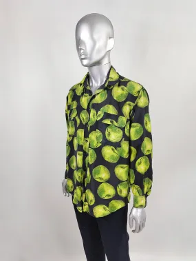 Vintage Mens Pure Silk Black Apple Print Shirt, 1980s