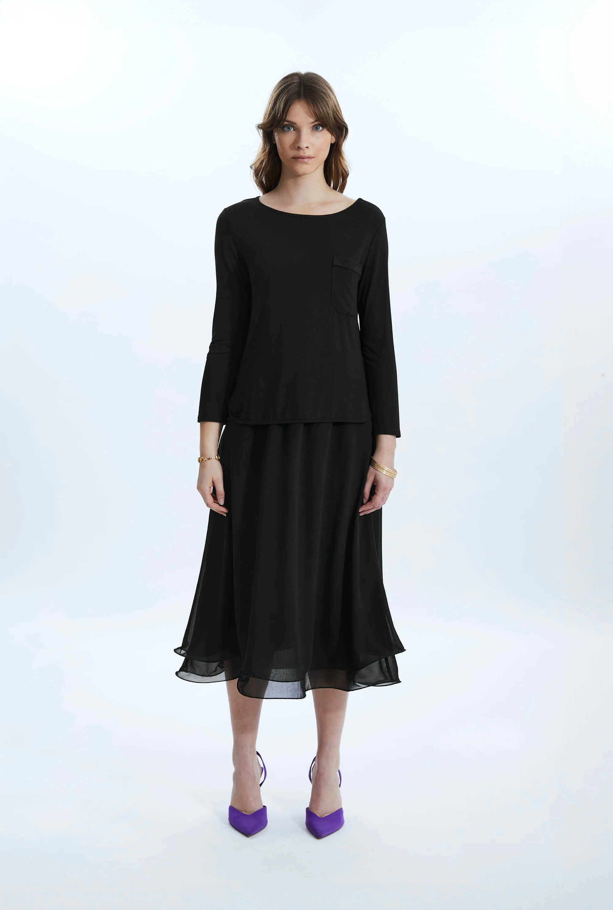 Wave Hem Tiered Skirt Black