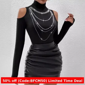 Wenkouban 1980s fashion trends 2024 winter outfits  Black Friday Turtleneck Heavy Work Rhinestone off-the-Shoulder Inner T-shirt Top for Women