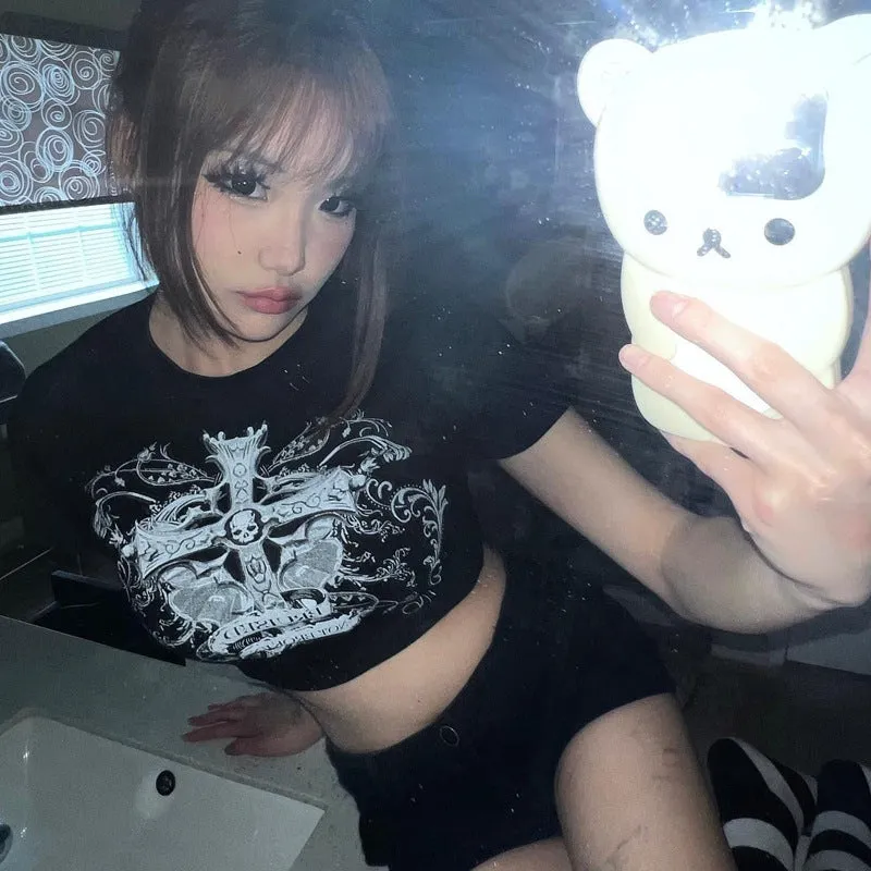 Wenkouban 1980s fashion trends Black Friday Women's Gothic Printed Clothing Y2K Women's Top Short Sleeve Slim-Fit Navel Dark Style