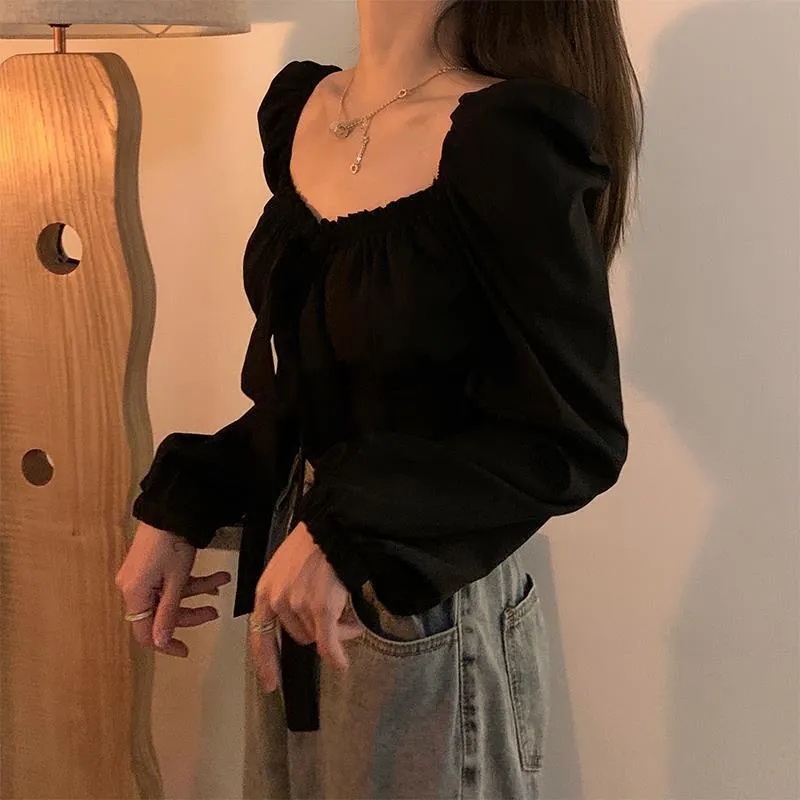 Wenkouban curvy casual outfits Christmas Thanksgiving Gifts Black Friday French Style Retro Puff Sleeve Slim Fit Hot Girl Top Women's Autumn Collarbone Scheming T-shirt V-neck Long Sleeve